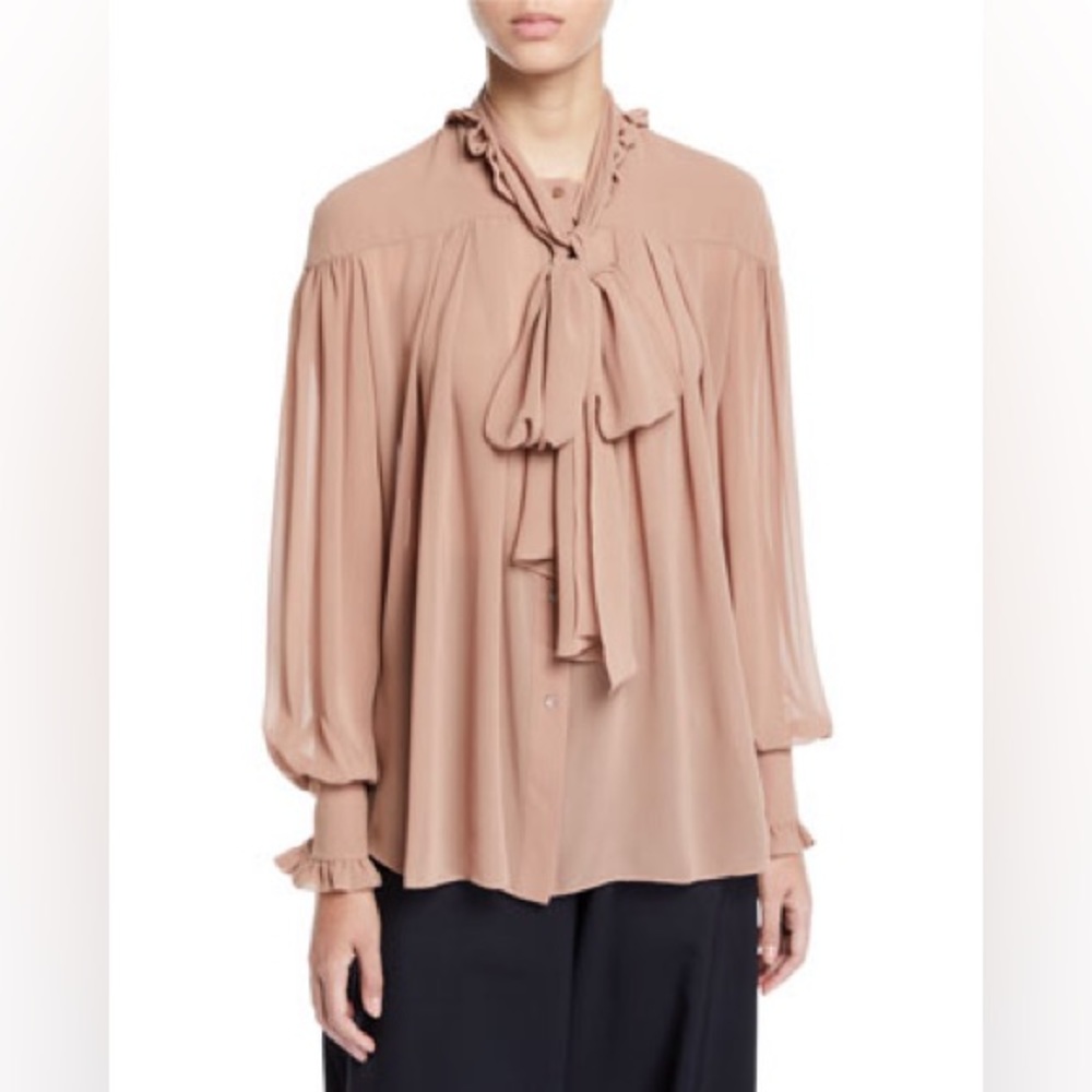 Rejina Pyo Lynn Chiffon Bow-Neck Blouse in Nude